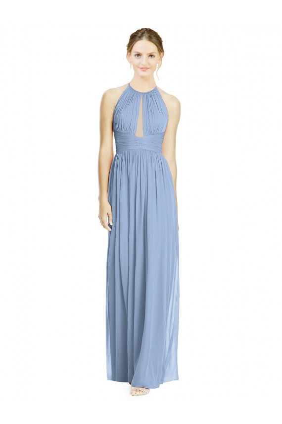 Bleu poussiéreux Trapèze Licou Mousseline Longue Robes demoiselle d'honneur à Vendre