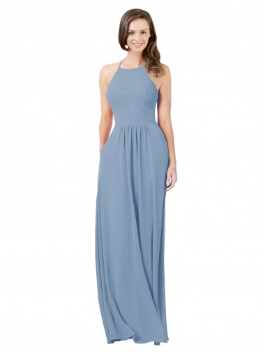 Bleu poussiéreux Trapèze Licou Mousseline Longue Robes demoiselle d'honneur à Vendre