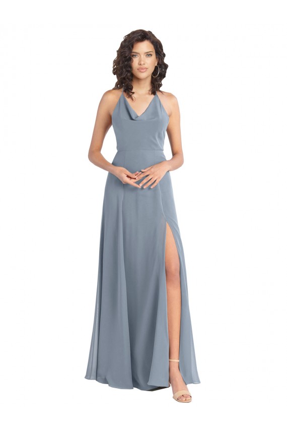 Bleu poussiéreux Trapèze Licou Mousseline Longue Robes demoiselle d'honneur à Vendre