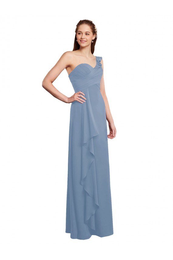 Bleu poussiéreux Trapèze Mousseline Longue Robes demoiselle d'honneur à Vendre