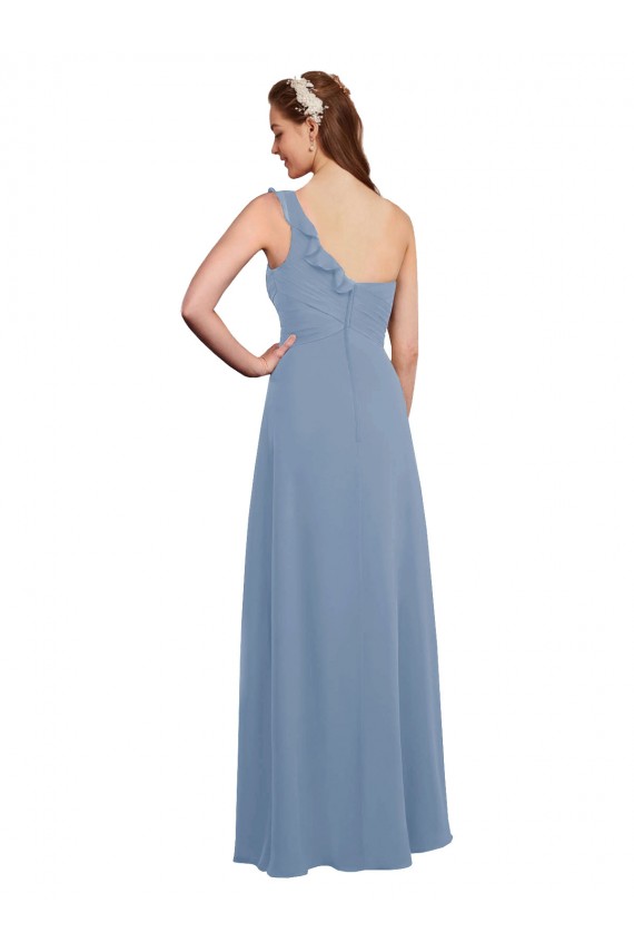 Bleu poussiéreux Trapèze Mousseline Longue Robes demoiselle d'honneur à Vendre