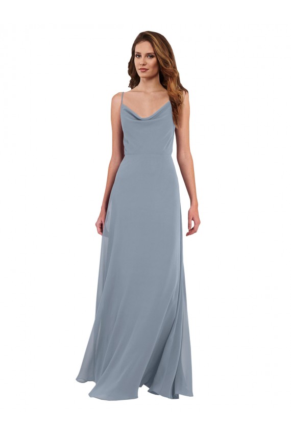 Bleu poussiéreux Trapèze Mousseline Longue Robes demoiselle d'honneur à Vendre