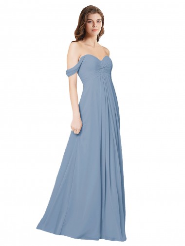 Bleu poussiéreux Trapèze Mousseline Longue Robes demoiselle d'honneur à Vendre