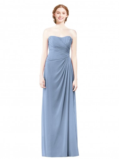 Bleu poussiéreux Trapèze Sans bretelle Mousseline Longue Robes demoiselle d'honneur à Vendre