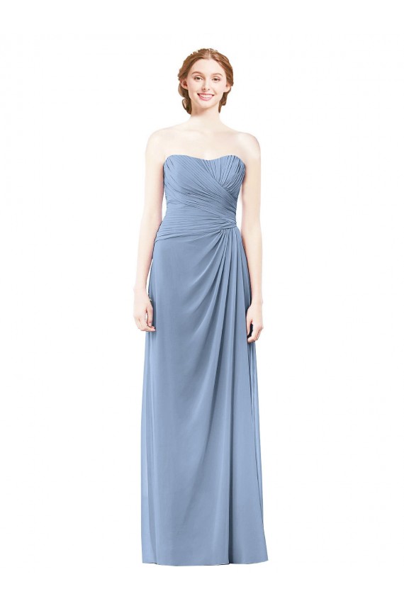 Bleu poussiéreux Trapèze Sans bretelle Mousseline Longue Robes demoiselle d'honneur à Vendre