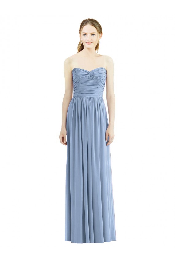 Bleu poussiéreux Trapèze Sans bretelle Mousseline Longue Robes demoiselle d'honneur à Vendre