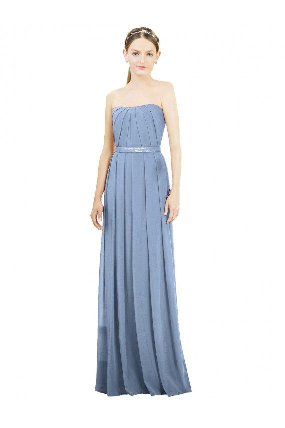 Bleu poussiéreux Trapèze Sans bretelle Mousseline Longue Robes demoiselle d'honneur à Vendre