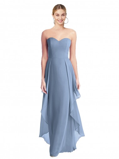 Bleu poussiéreux Trapèze Sans bretelle Mousseline Longue Robes demoiselle d'honneur à Vendre
