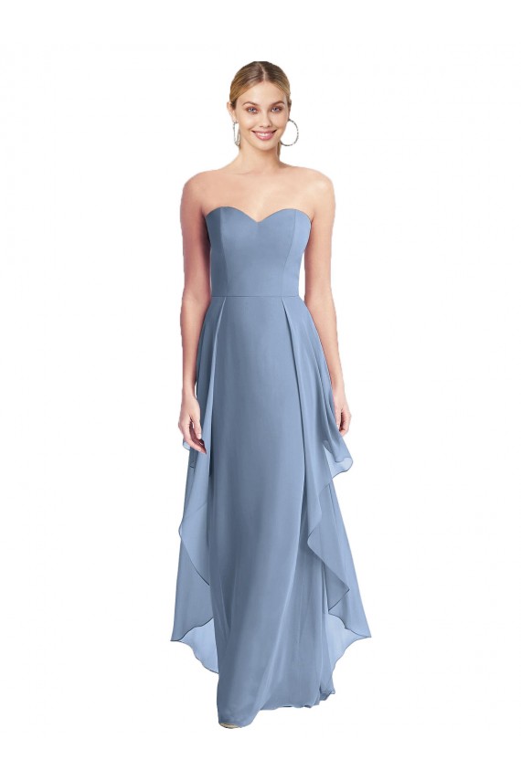 Bleu poussiéreux Trapèze Sans bretelle Mousseline Longue Robes demoiselle d'honneur à Vendre
