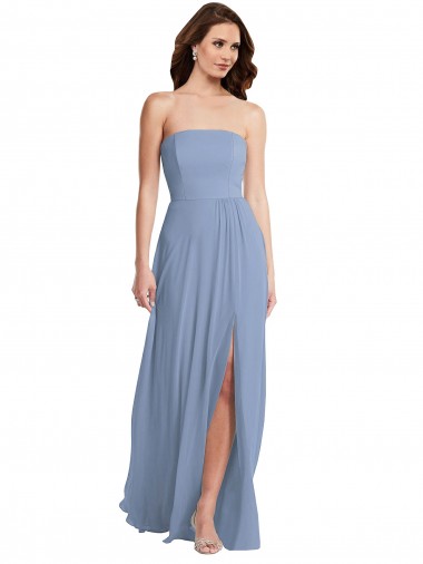 Bleu poussiéreux Trapèze Sans bretelle Mousseline Longue Robes demoiselle d'honneur à Vendre