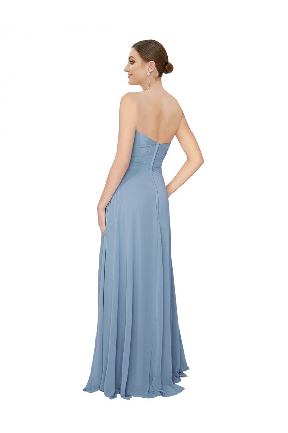Bleu poussiéreux Trapèze Sans bretelle Mousseline Longue Robes demoiselle d'honneur à Vendre