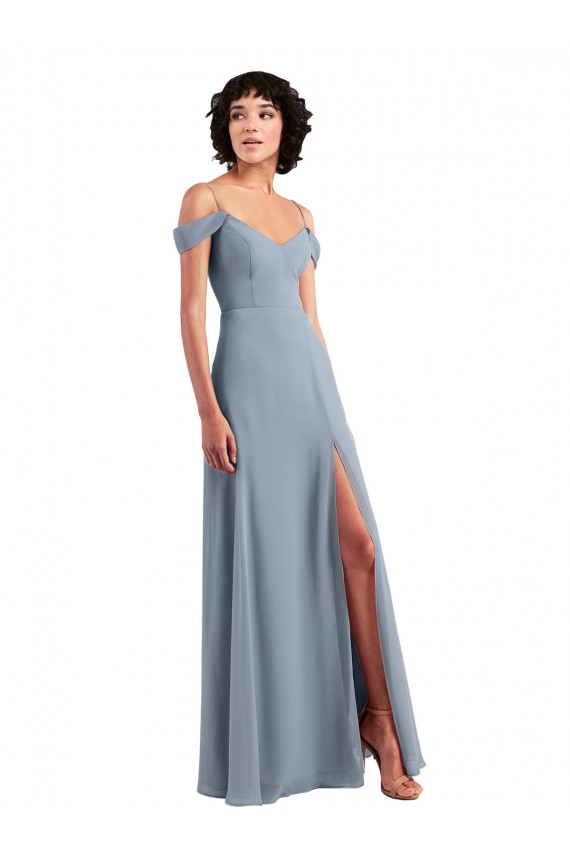Bleu poussiéreux Trapèze Épaule Dénudée Bretelles spaghetti Mousseline Longue Robes demoiselle d'honneur à Vendre