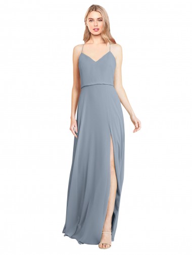 Bleu poussiéreux Trapèze Épaule Dénudée Bretelles spaghetti Mousseline Longue Robes demoiselle d'honneur à Vendre