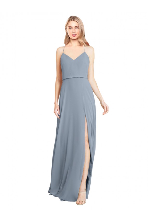 Bleu poussiéreux Trapèze Épaule Dénudée Bretelles spaghetti Mousseline Longue Robes demoiselle d'honneur à Vendre