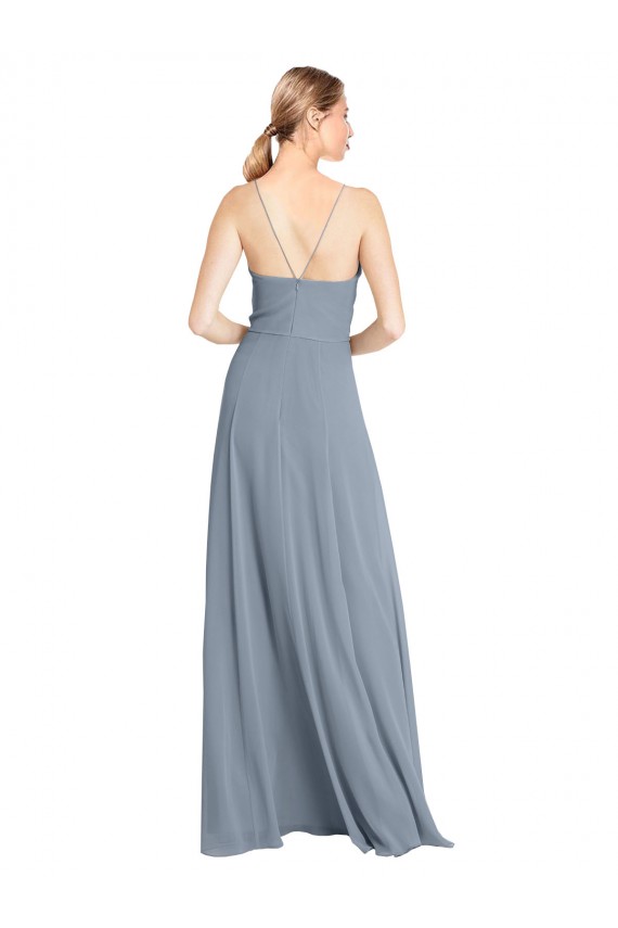Bleu poussiéreux Trapèze Épaule Dénudée Bretelles spaghetti Mousseline Longue Robes demoiselle d'honneur à Vendre