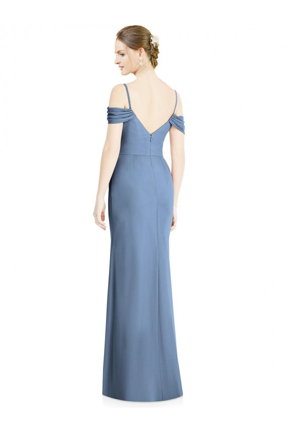 Bleu poussiéreux Trapèze Épaule Dénudée Mousseline Longue Formelles Robes demoiselle d'honneur / Robes de soirée à Vendre