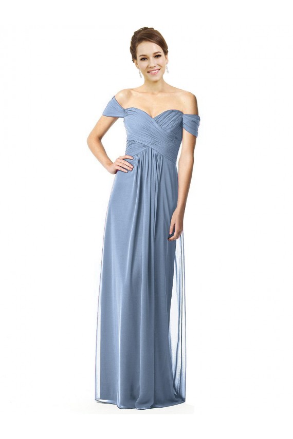 Bleu poussiéreux Trapèze Épaule Dénudée Mousseline Longue Robes demoiselle d'honneur à Vendre