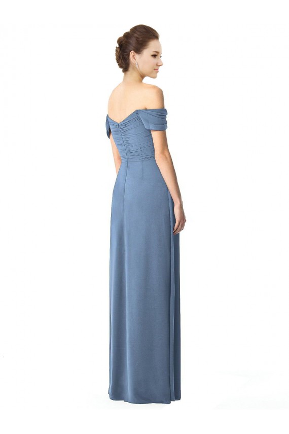 Bleu poussiéreux Trapèze Épaule Dénudée Mousseline Longue Robes demoiselle d'honneur à Vendre