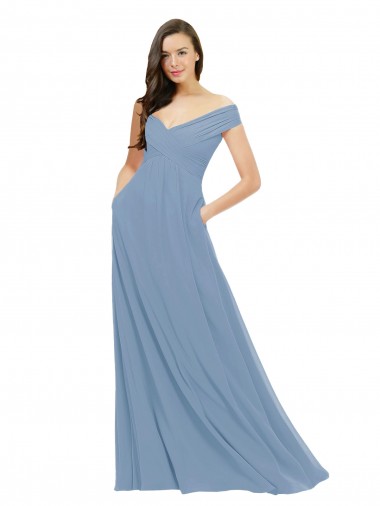 Bleu poussiéreux Trapèze Épaule Dénudée Mousseline Longue Robes demoiselle d'honneur à Vendre