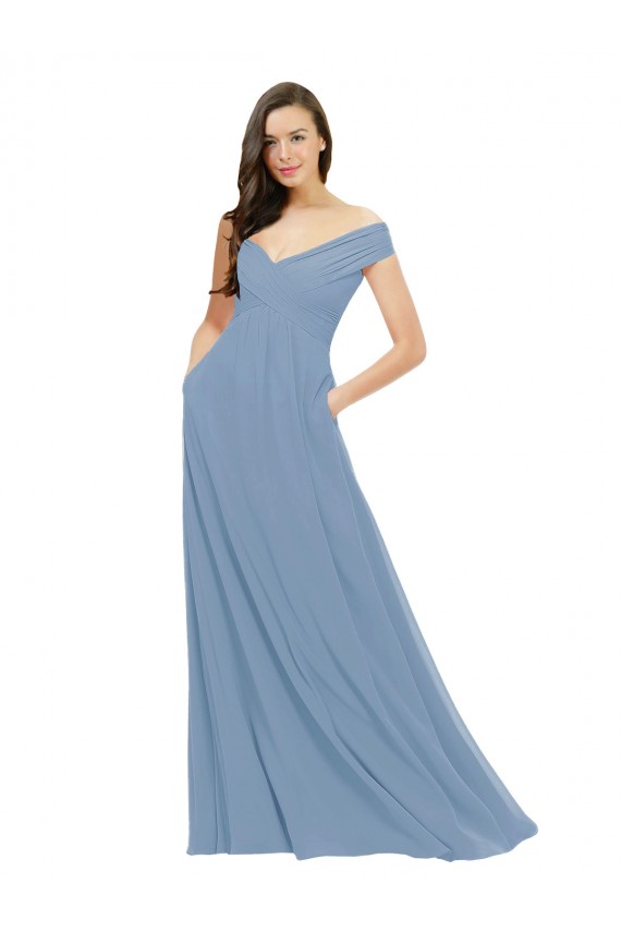 Bleu poussiéreux Trapèze Épaule Dénudée Mousseline Longue Robes demoiselle d'honneur à Vendre