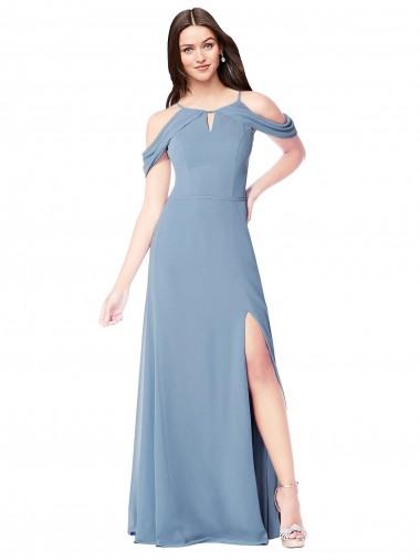 Bleu poussiéreux Trapèze Épaule Dénudée Mousseline Longue Robes demoiselle d'honneur à Vendre