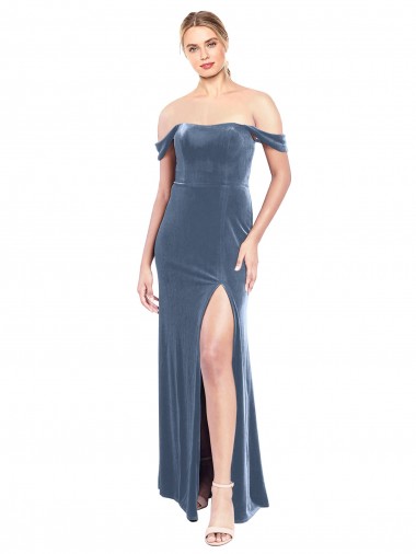 Bleu poussiéreux Trapèze Épaule Dénudée Sans bretelle Velours Stretch Longue Robes demoiselle d'honneur / Robes de bal à Vendre
