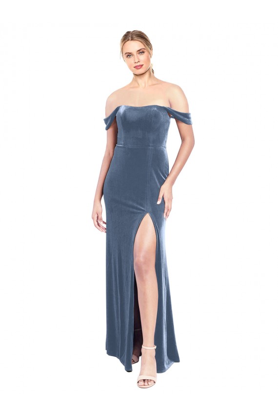 Bleu poussiéreux Trapèze Épaule Dénudée Sans bretelle Velours Stretch Longue Robes demoiselle d'honneur / Robes de bal à Vendre