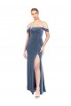 Bleu poussiéreux Trapèze Épaule Dénudée Sans bretelle Velours Stretch Longue Robes demoiselle d'honneur / Robes de bal à Vendre