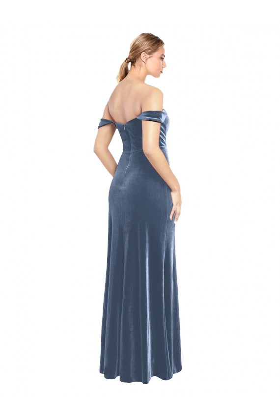 Bleu poussiéreux Trapèze Épaule Dénudée Sans bretelle Velours Stretch Longue Robes demoiselle d'honneur / Robes de bal à Vendre