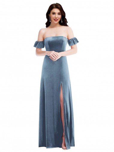 Bleu poussiéreux Trapèze Épaule Dénudée Velours Stretch Longue Robes demoiselle d'honneur / Robes de bal à Vendre