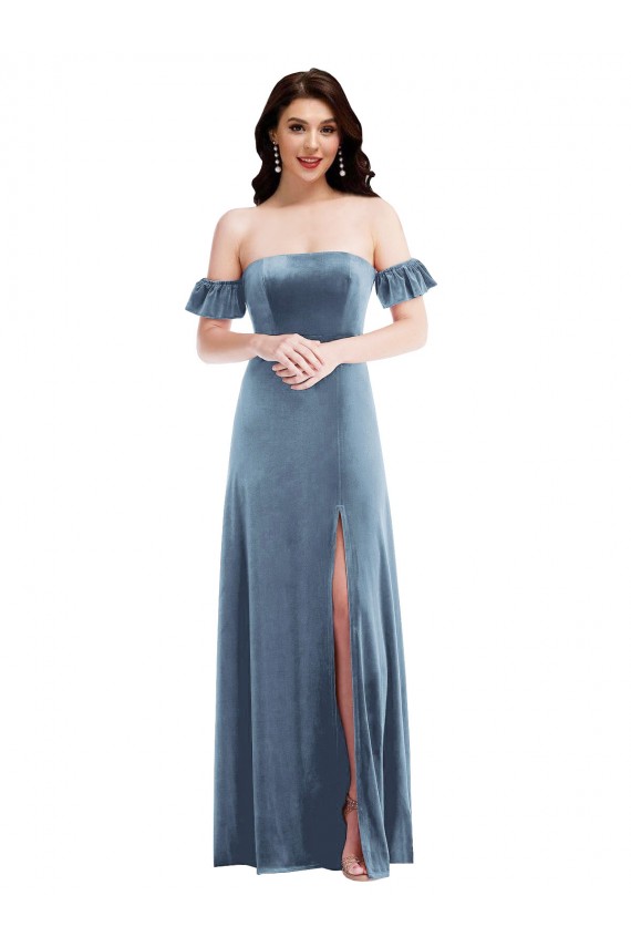 Bleu poussiéreux Trapèze Épaule Dénudée Velours Stretch Longue Robes demoiselle d'honneur / Robes de bal à Vendre