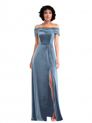 Bleu poussiéreux Trapèze Épaule Dénudée Velours Stretch Longue Robes demoiselle d'honneur / Robes de bal à Vendre