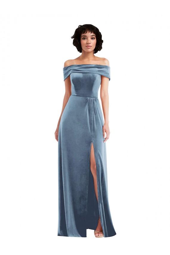 Bleu poussiéreux Trapèze Épaule Dénudée Velours Stretch Longue Robes demoiselle d'honneur / Robes de bal à Vendre