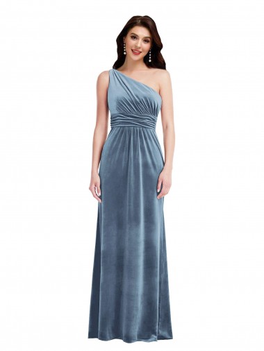 Bleu poussiéreux Trapèze Épaule Dénudée Velours Stretch Longue Robes demoiselle d'honneur / Robes de bal à Vendre