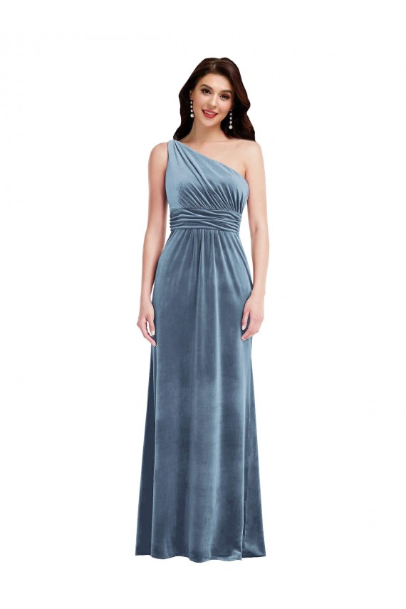 Bleu poussiéreux Trapèze Épaule Dénudée Velours Stretch Longue Robes demoiselle d'honneur / Robes de bal à Vendre