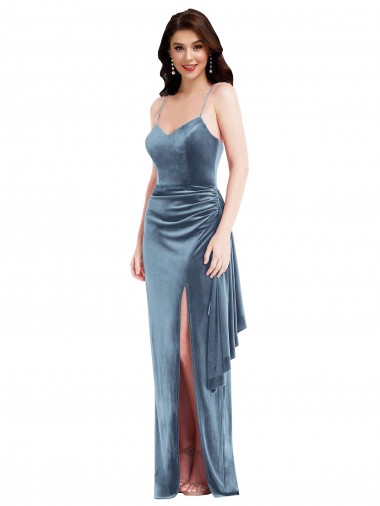 Bleu poussiéreux Trompette Bretelles spaghetti Velours Stretch Longue Formelles Robes demoiselle d'honneur / Robes de soirée / Robes de bal à Vendre
