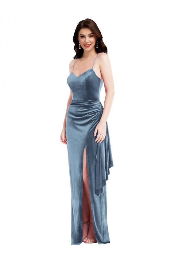 Bleu poussiéreux Trompette Bretelles spaghetti Velours Stretch Longue Formelles Robes demoiselle d'honneur / Robes de soirée / Robes de bal à Vendre