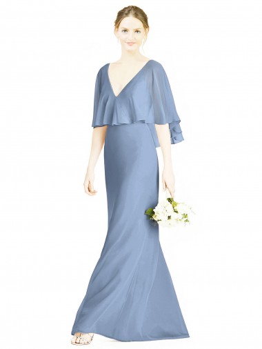 Bleu poussiéreux Trompette Col V Mousseline Longue Robes demoiselle d'honneur à Vendre