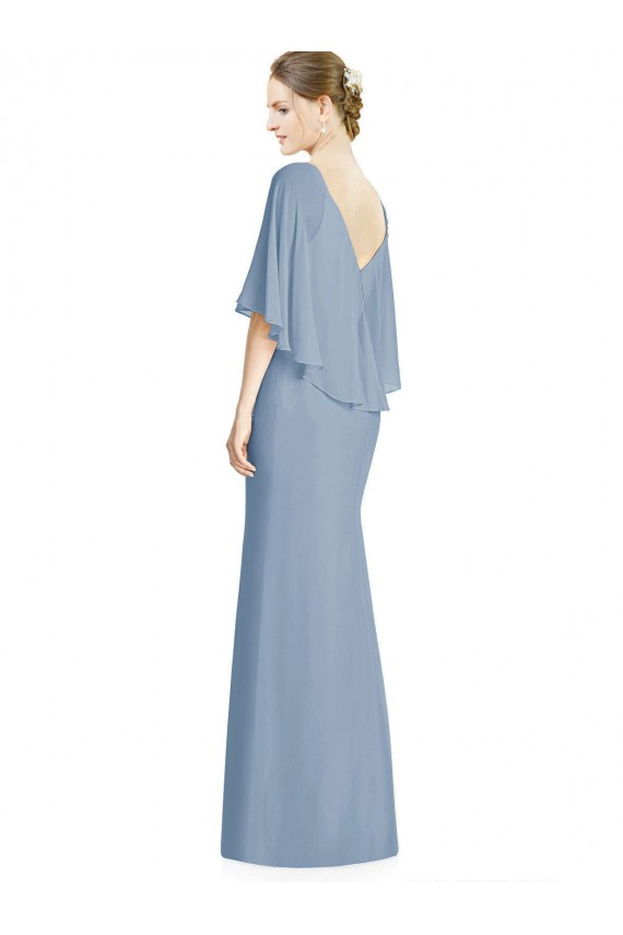 Bleu poussiéreux Trompette Col V Mousseline Longue Robes demoiselle d'honneur à Vendre