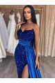 Bleu roi Fourreau Balayage train Paillettes Velours Longue Robes de bal à Vendre
