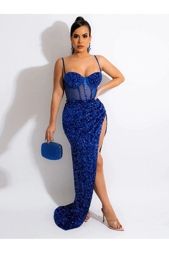 Bleu roi Fourreau Bretelles spaghetti Balayage train Paillettes Velours Longue Robes de bal à Vendre