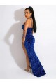 Bleu roi Fourreau Bretelles spaghetti Balayage train Paillettes Velours Longue Robes de bal à Vendre