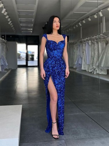 Bleu roi Fourreau Bretelles spaghetti Balayage train Paillettes Velours Longue Robes de bal à Vendre