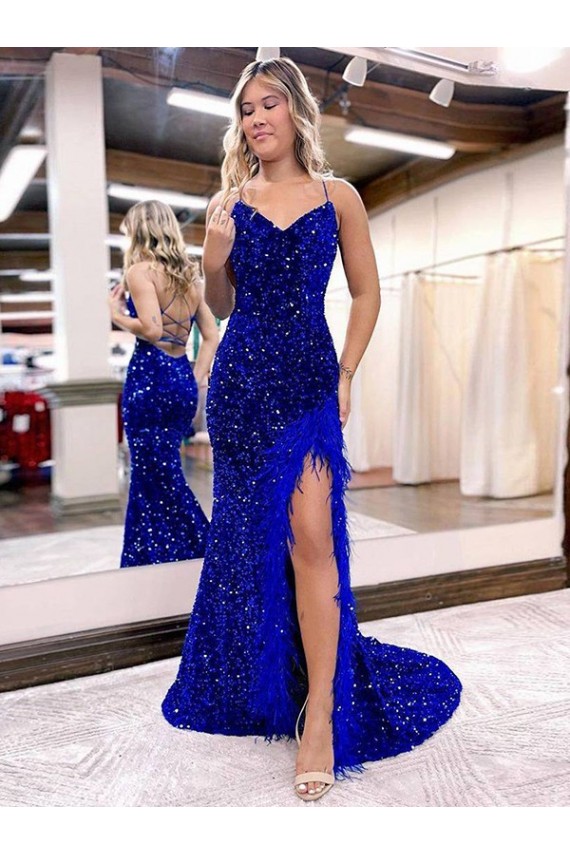 Bleu roi Fourreau Col V Balayage train Paillettes Velours Longue Robes de bal à Vendre
