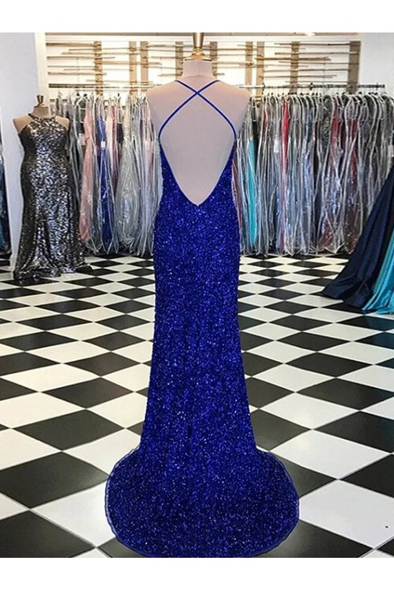 Bleu roi Fourreau Col V Balayage train Paillettes Velours Longue Robes de bal à Vendre