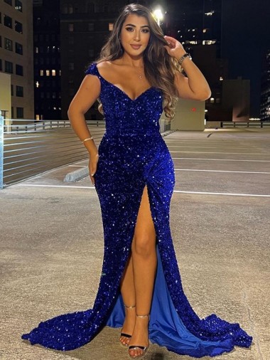 Bleu roi Fourreau Col V Balayage train Paillettes Velours Longue Robes de bal à Vendre