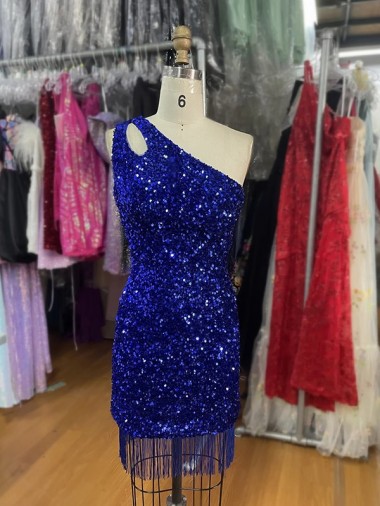Bleu roi Fourreau Courte Paillettes Velours Courte Robes de bal à Vendre
