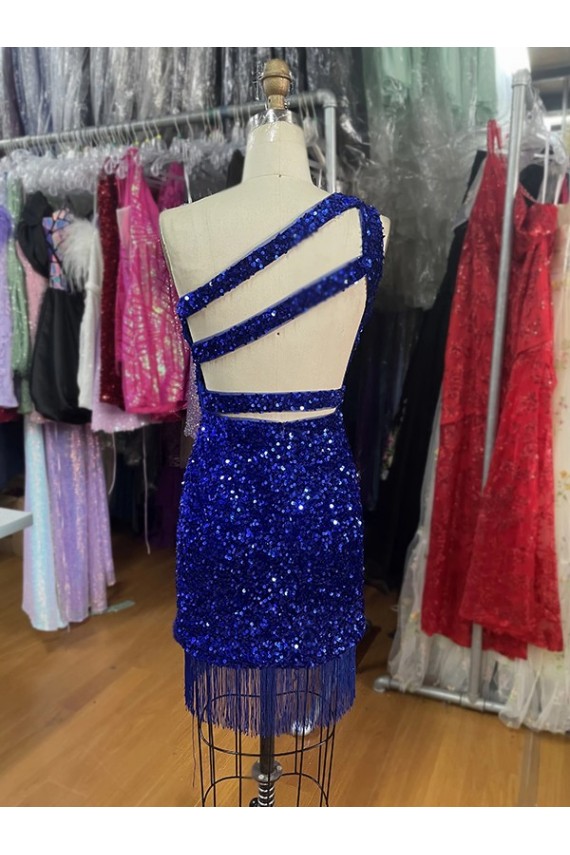 Bleu roi Fourreau Courte Paillettes Velours Courte Robes de bal à Vendre