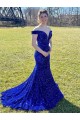 Bleu roi Fourreau Épaule Dénudée Balayage train Paillettes Velours Longue Robes de bal à Vendre
