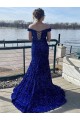 Bleu roi Fourreau Épaule Dénudée Balayage train Paillettes Velours Longue Robes de bal à Vendre